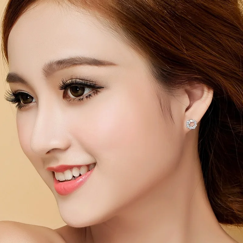 

OMHXZJ Wholesale European Fashion Woman Girl Party Wedding Gift Round White AAA Zircon 18KT White Gold Stud Earrings EA272