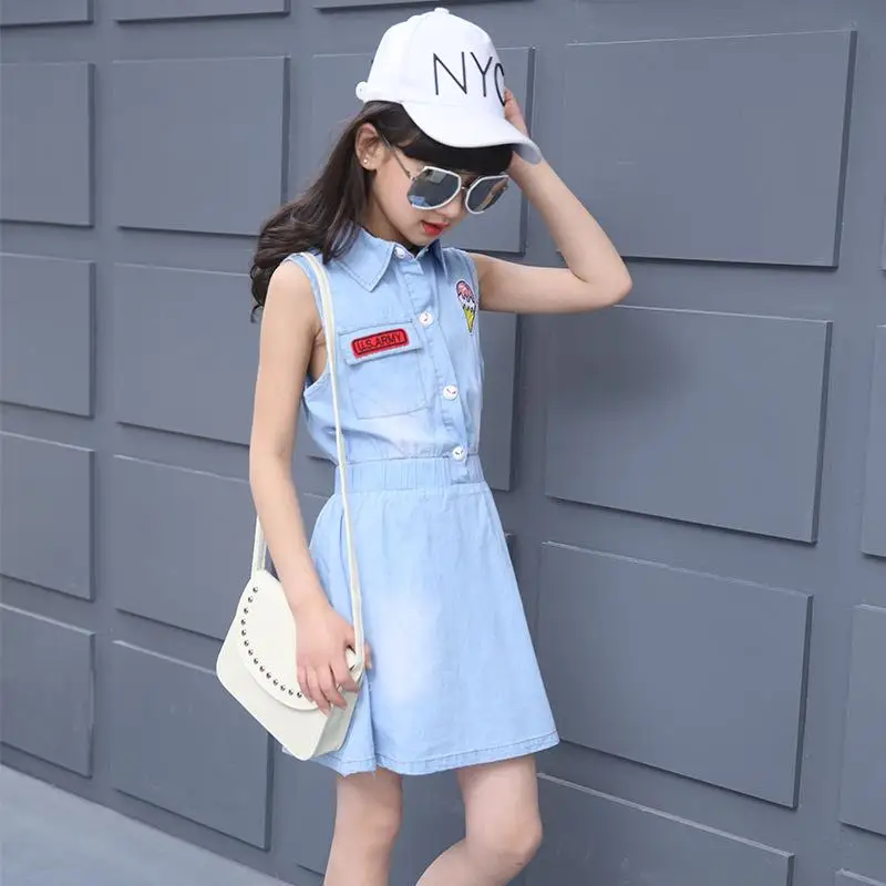 Washed Denim Girls Dress 2018 New Summer Sleeveless Kids Dresses for 5 6 7 8 9 10 11 12 13 14 Year Teens Children Clothing | Детская