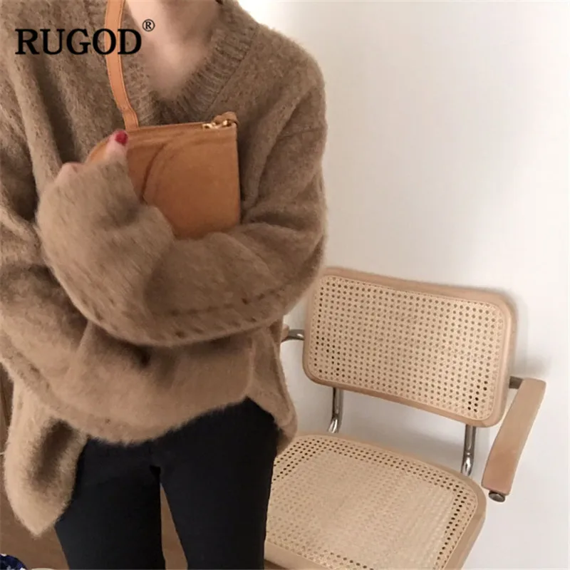 Женский свитер RUGOD однотонный вязаный офисный с треугольным вырезом теплая