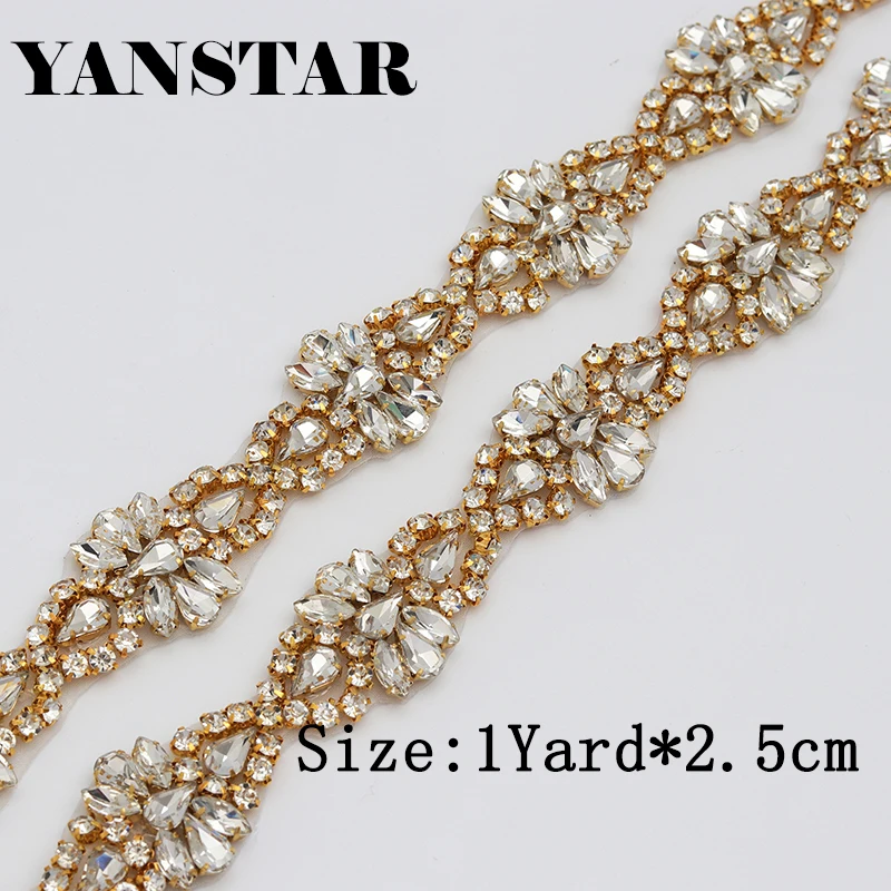 

YANSTAR 1 YARD Bridal Crystal Silver Gold Rhinestone Applique Crystal Edge Ironing Wedding Dress Rhinestones and Ornaments YS976