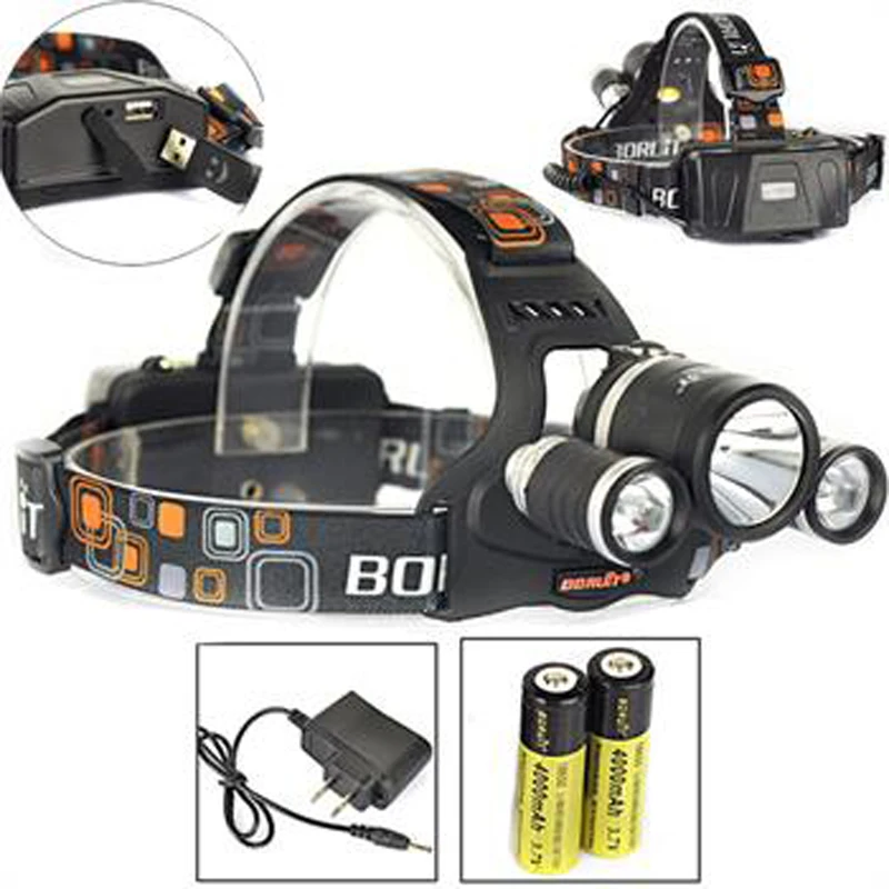 BORUIT 8000Lm 3x XM L2 светодиодный налобный фонарь USB лампа + 2X 18650 зарядное устройство