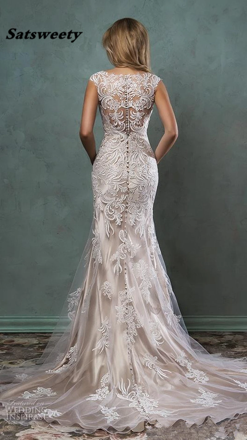 Lace Wedding Dresses Mermaid Bridal Gown With Sheer Back Covered Button Ivory Nude Court Train Amelia Sposa Custom Made | Свадьбы и