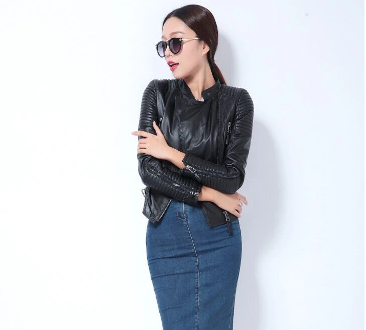 

Autumn Winter Fashion Brand Women Faux Leather coat Zipper Motorcycle Leather outerwear Slim Short Design PU black Jacket