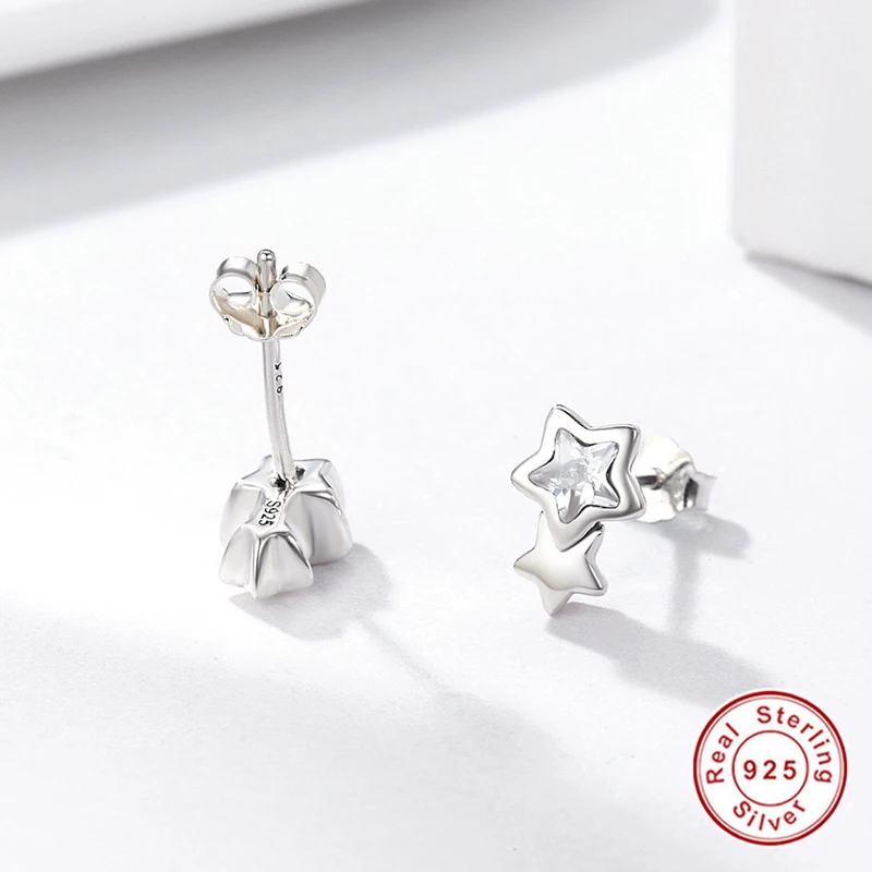 Hot Sale Genuine 925 Sterling Silver Sparking CZ Double Star Shape Stud Earrings for Women Fine Jewelry Bijoux | Украшения и