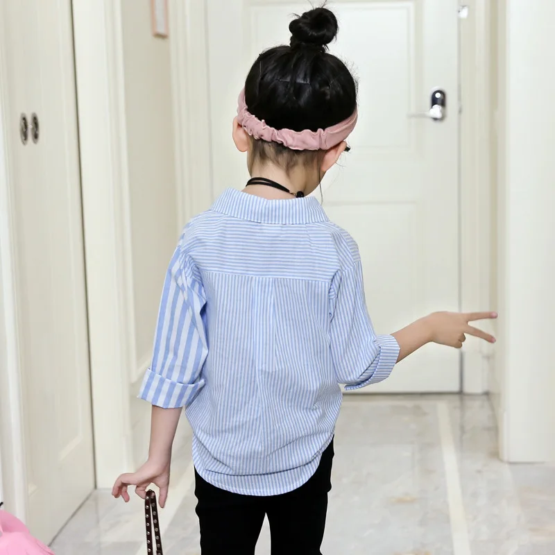 Модные блузки для девочек с длинными рукавами в стиле пэчворк полосатые рубашки