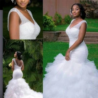 fansmile 2020 new arrival africa design full beading handwork beads ruffle tiered mermaid wedding dress backless gowns fsm 498m