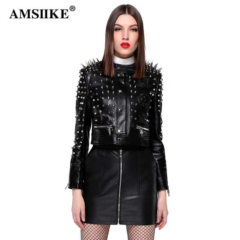 AMSIIKE Женская куртка осень весна в шипах из экокожи A17215|pu jacket|leather pu jacketpu leather jacket women