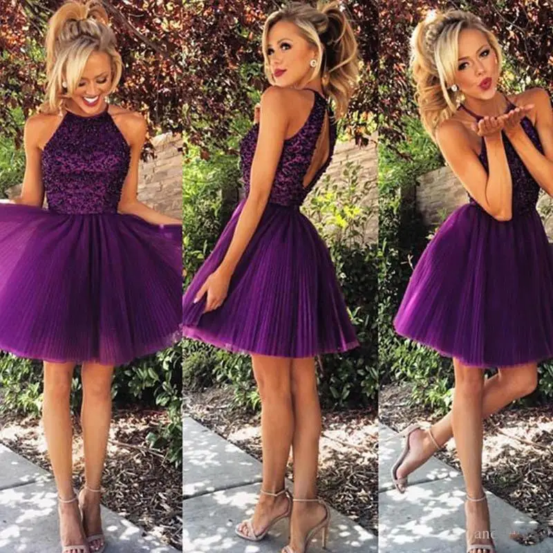 2019 Short Purple Tulle Homecoming Dresses for Summer 8th Grade Dance Back to School Sweet Sixteen Graduation Teens Beaded Ball