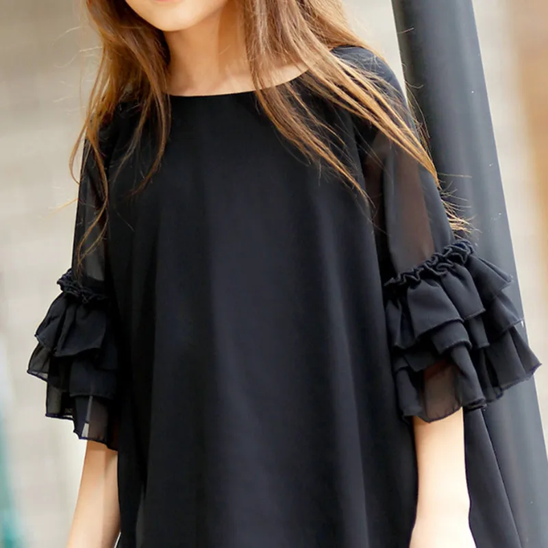 Big Size Fashion Girls Dress Summer Flare Sleeve Chiffon Kids Teenager Vestidos Black Girl 6 - 15 years | Детская одежда и обувь