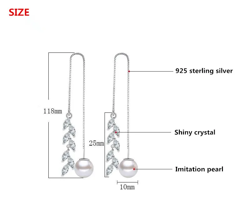 100% 925 sterling silver pearl leaf design long drop earrings for women jewelry birthday gift wholesale shipping | Украшения и