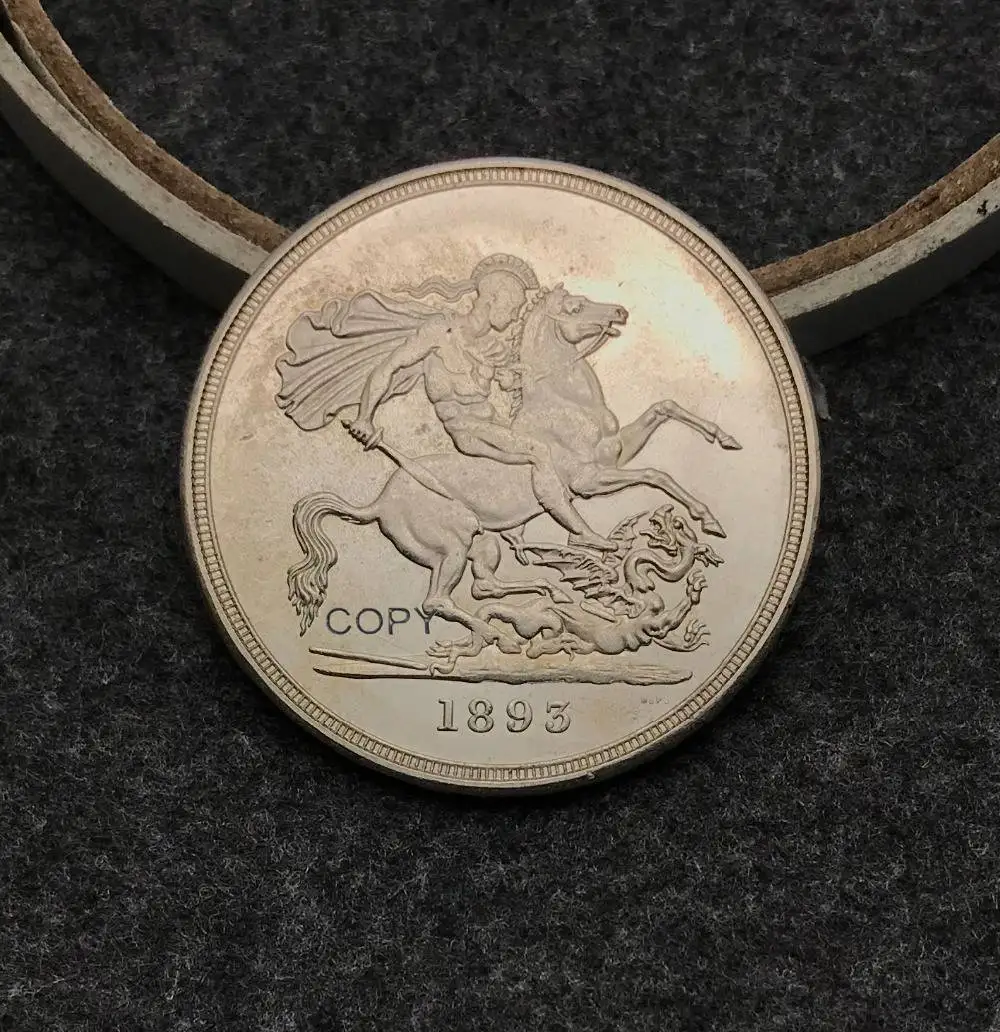 Большая Великобритания 5 фунтов 1893 Виктория 3-й портрет латунная Посеребренная