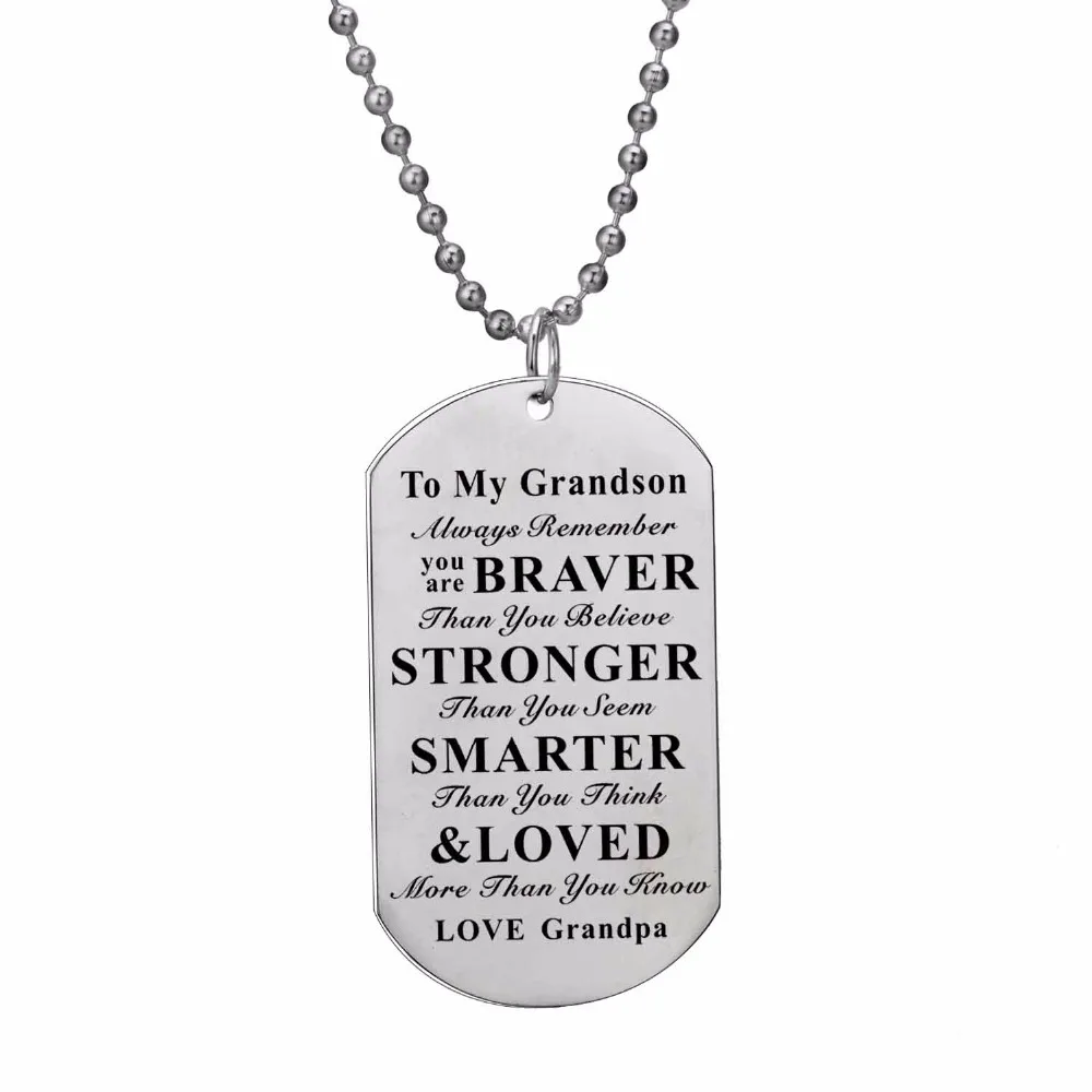 

12PC/Lot Stainless Steel Dog Tag Pendant To My Grandson Always Remember You Are Braver Love Grandpa Necklace Gift Family Jewelry