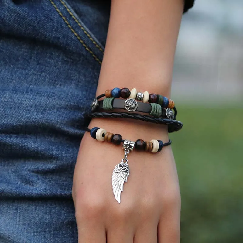 Retro Punk Fashion Style Charm Leather Bracelets Leaf Pendant Beaded Strands Gift For Man Women Family Present Hot Sale | Украшения и