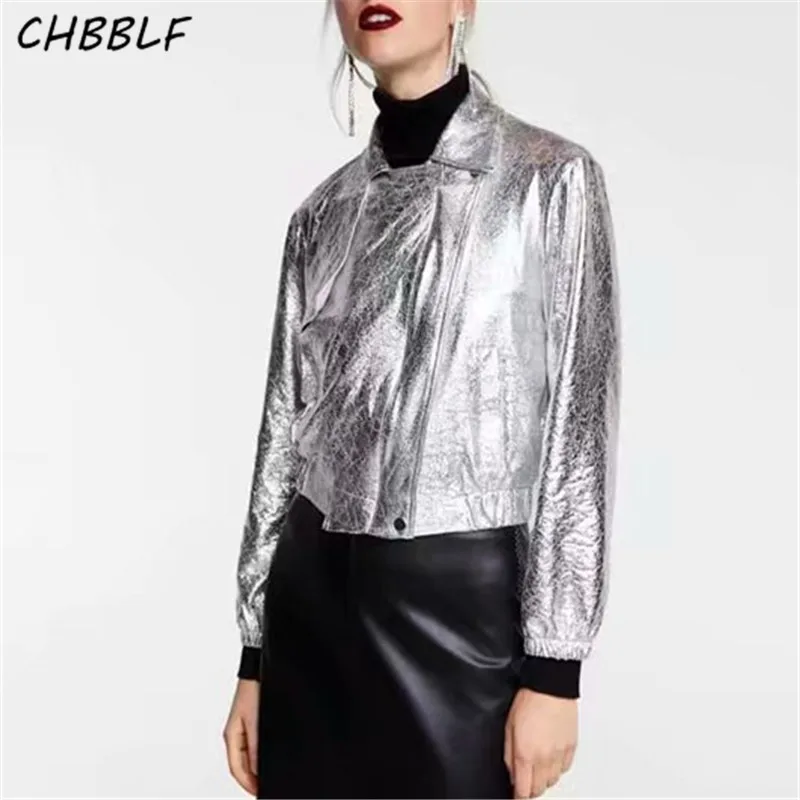 CHBBLF женские стильные серебряные короткие куртки блестящие мото Байкерский стиль