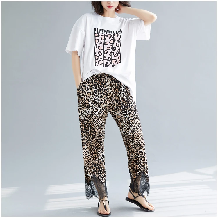 2019 Summer Fashion Streetwear Lace Patchwork Leopard Pants Women Casual | Женская одежда