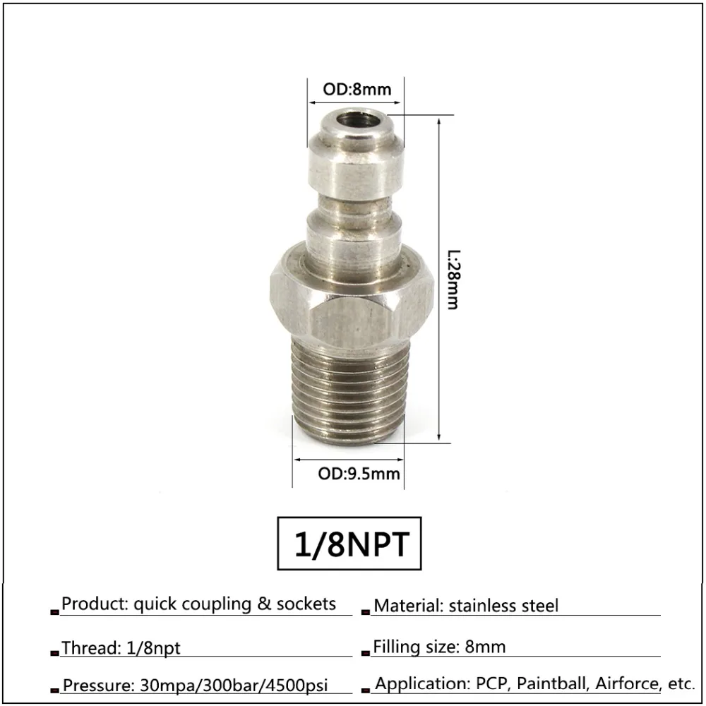 PCP Airforce Пейнтбол высокого давления 1/8NPT M10x1 1/8 BSPP 8 мм из нержавеющей стали быстрый