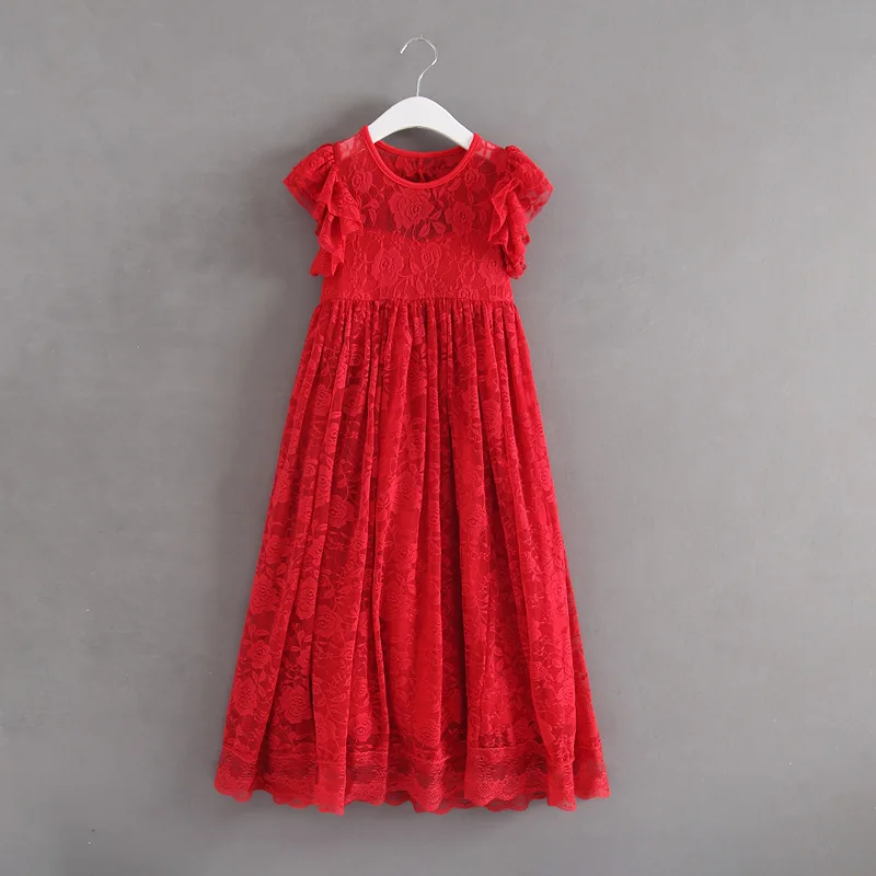 

Princess Girls Lace Maxi Dress Holiday Red and Green Color Children Vintage Ruffles Party Dress
