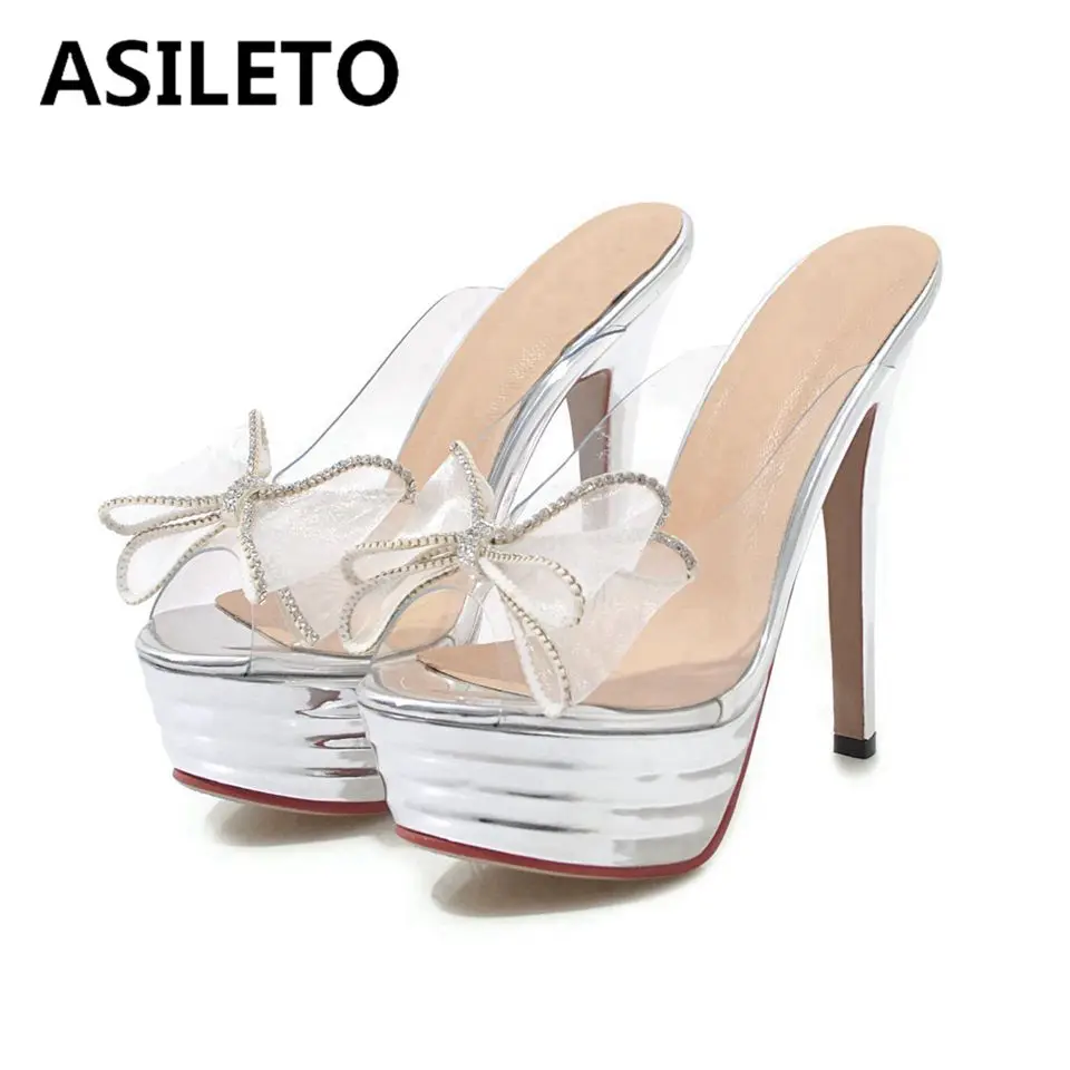 

ASILETO/Большие размеры 34-43; Женские шлепанцы для улицы; Женские сандалии с бантиками; Босоножки на платформе и высоком каблуке; Прозрачные Шлеп...