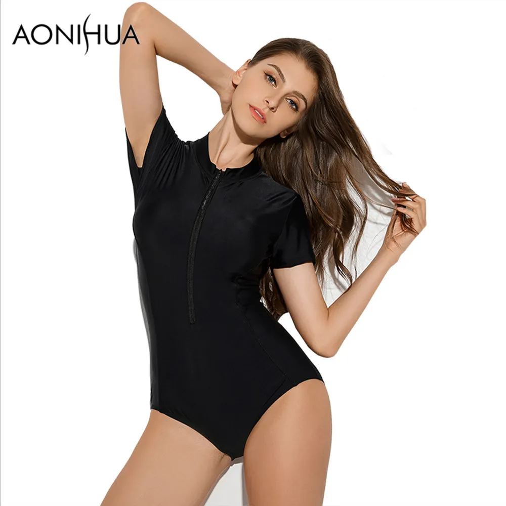 AONIHUA, черный женский купальник, сексуальный, 1 предмет, купальник,, короткий рукав, передняя молния, Одноцветный, для пляжа, серфинга, купальник, 1990 XXL