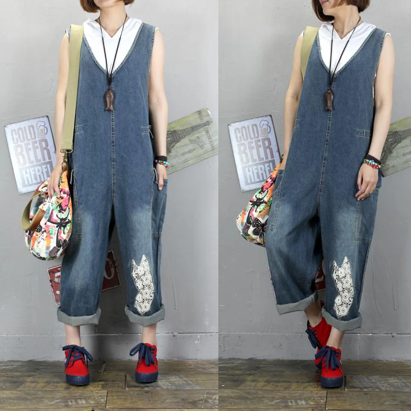 Free Shipping 2019 New Fashion Overalls Cotton Denim Loose Jumpsuits And Rompers With Pockets V-neck Sleevelesss Women Trousers