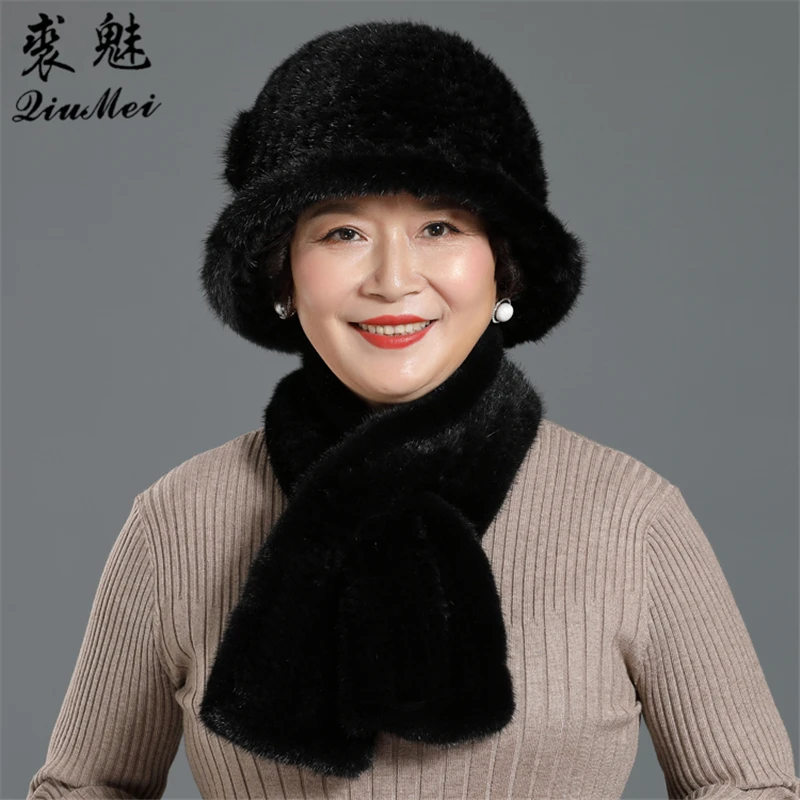 Winter Natural Mink Fur Bucket Caps & Straight Mink Fur Scarves Set Knitted Women Warm Real Mink Fur Caps Scarf Set Party Gift