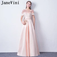 janevini elegant blush pink beaded bridesmaid dresses with sleeves a line hand made flowers satin floor length formal prom gowns