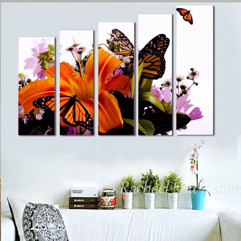 

Hand Painted Art Five Panles Flower and Butterfly Oil Painting On Canvas Landscape Wall Pictures For Living Room Home Decoration