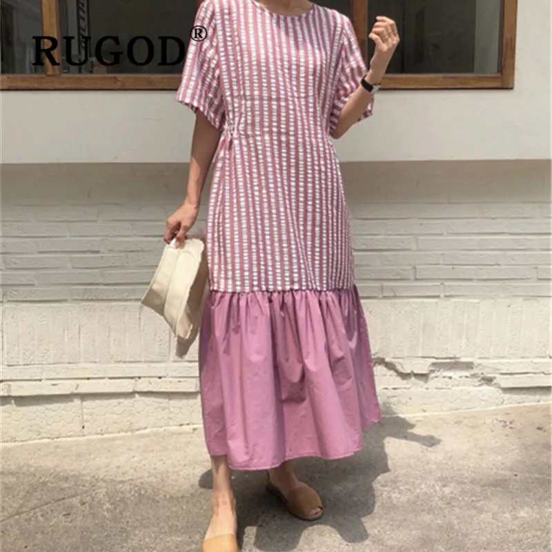 RUGOD корейский стиль лоскутные свободные миди платья для женщин модные с оборками