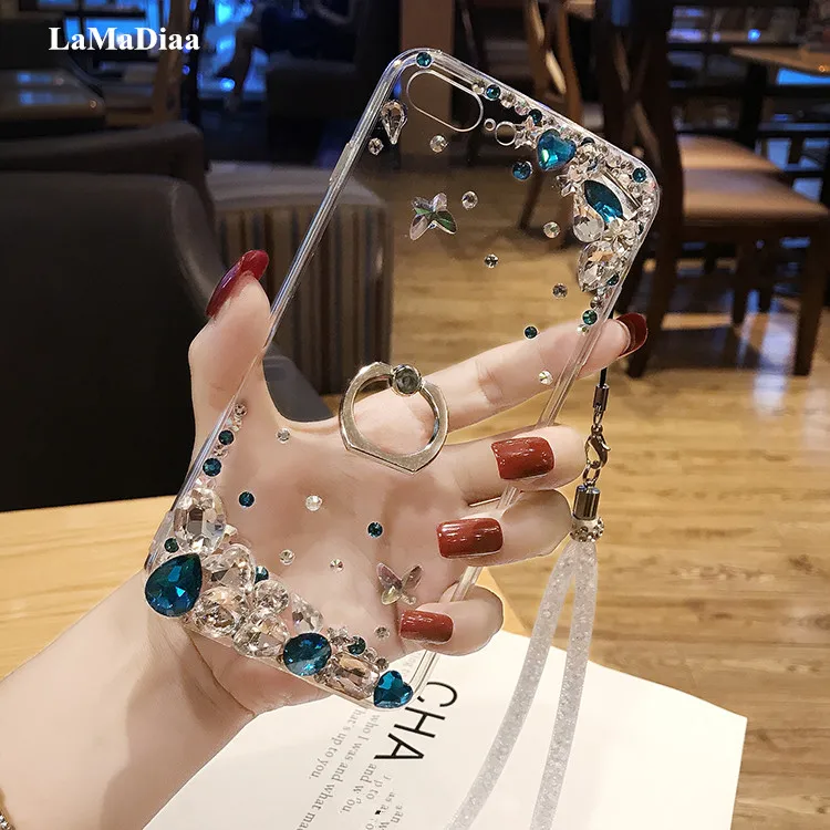 

LaMaDiaa For iPhone 11 12 13 pro XS MAX XR 5S 6 7 8PLUS Fashion Bling Rhinestone Diamond Finger Ring Stand Soft Back Cover Cas