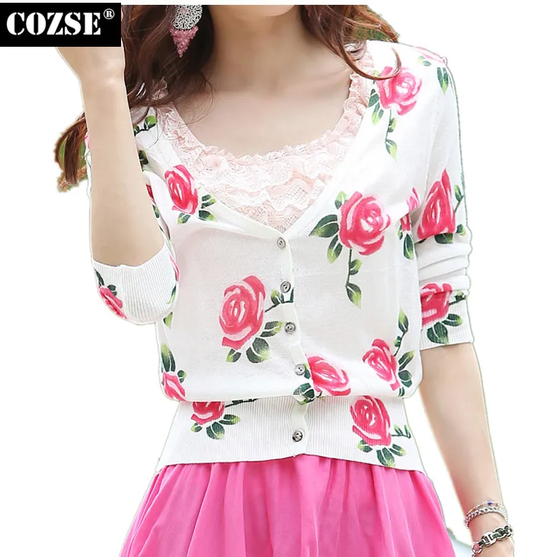 2015 Новое Лето Мода Стиль Женщины Роуз Цветочные Печати Три Четверти Рукав