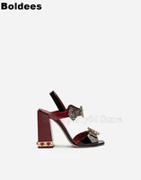 vintage designer jewel chunky blocked heeled ankle wrap crystal buckle high heel open toe sandals women summer shoes