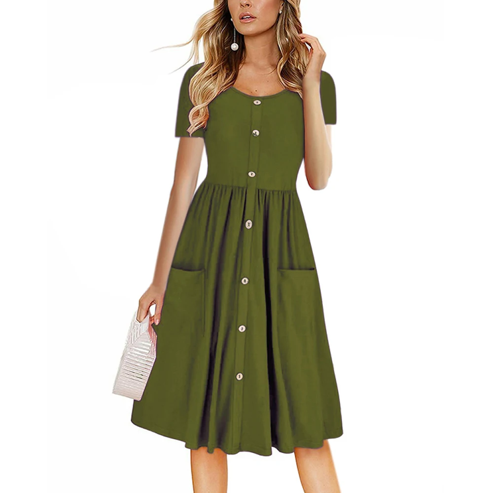 

High Quality Polyester Cotton Plus Size Casual Slim Dress Elegant Short Sleeve Button Solid Summer Dress With Pocket Plain Dyed