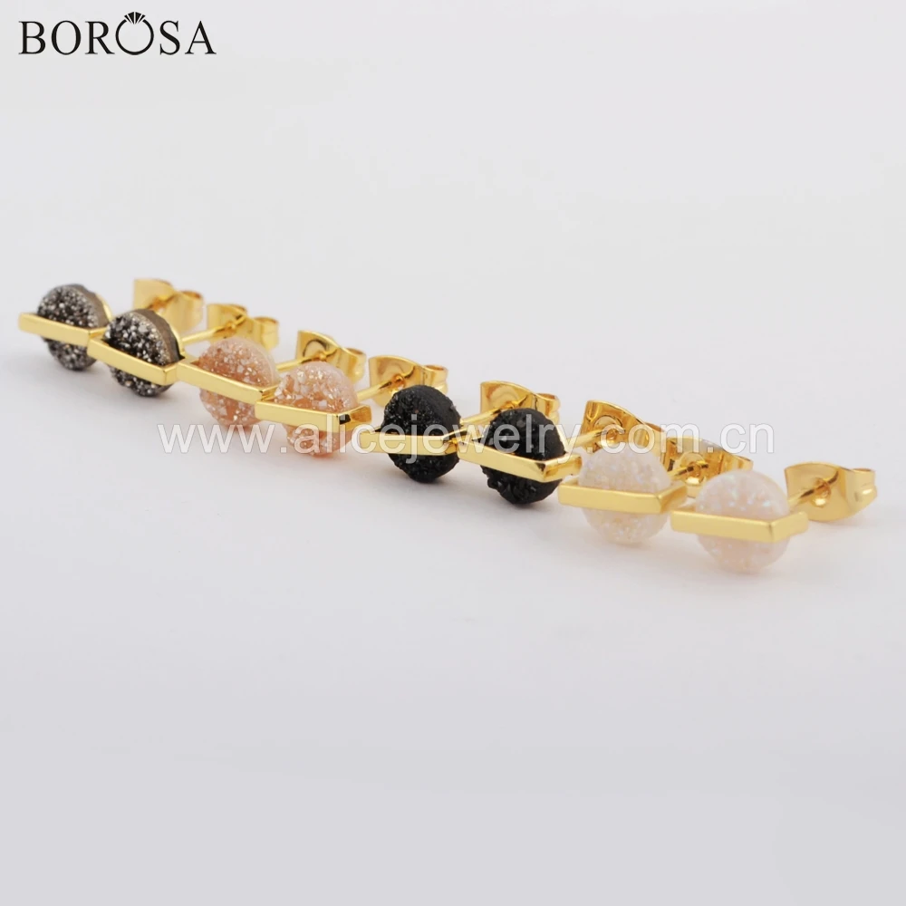 BOROSA 5 пар модные круглые серьги-гвоздики 7 мм с золотым ободком из натурального