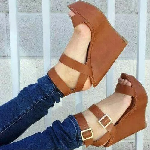 

Brown Leather Platform Wedge Sandals Women Sexy Open Toe Ankle Strap High Heel Shoes Rome Style Cutouts Buckle Sandals Customize