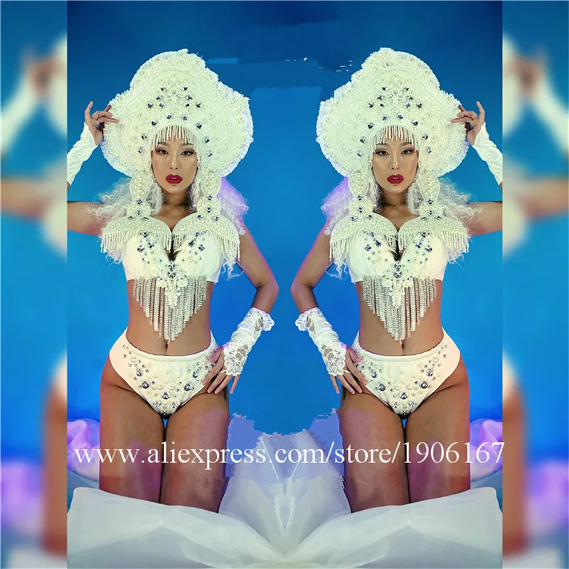 Nightclub Show Sexy Lady Bikini Suit With Pearl Headdress Catwalk Ballroom DS Valentine Day Performance Costumes Model Bodysuit | Дом и сад
