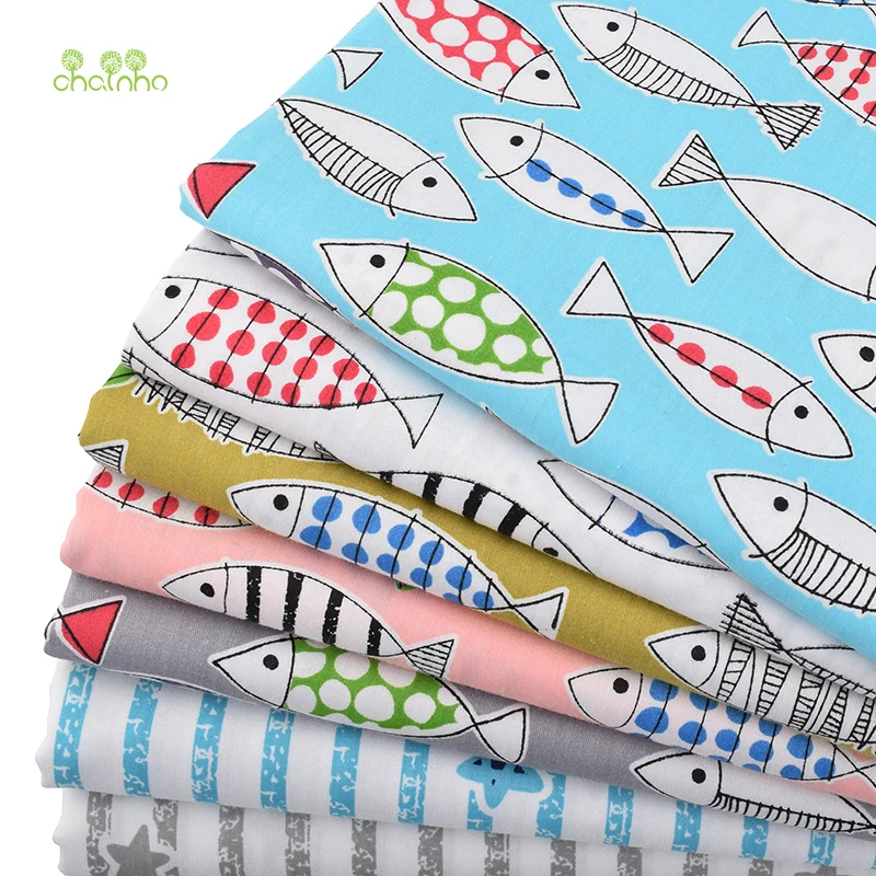 Chainho, 7 шт./лот, серия Fish, хлопковая саржевая ткань с принтом, Лоскутная Ткань, DIY швейный материал для стеганых изделий для детских и детских простыней