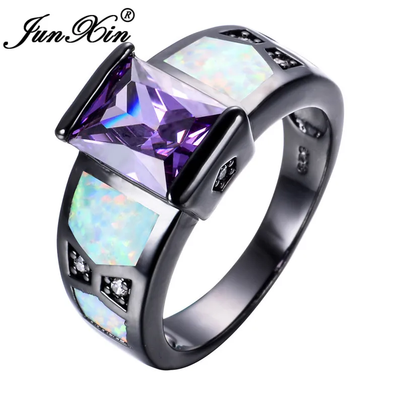 White Opal Ring JUNXIN Квадратные Кольца с голубым белым огненным опалом для мужчин и женщин, Черное золото, фиолетовый циркон, камень, камень, обручальное кольцо для мужчин и женщин - Цвет основного камня: White Opal Ring