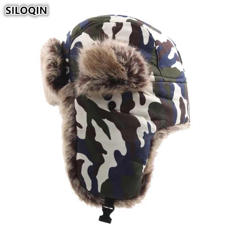 

SILOQIN Camouflage Plus Velvet Thick Bomber Hats Winter Men's Earmuffs Hat Windproof Snowproof Women's Warm Ski Cap With Ears