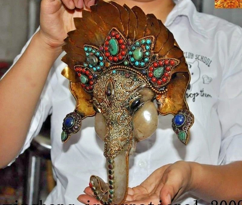 10&quotTibetan silver Filigree 24k gold Inlay gem Elephant Jambhala Shrines statue | Дом и сад