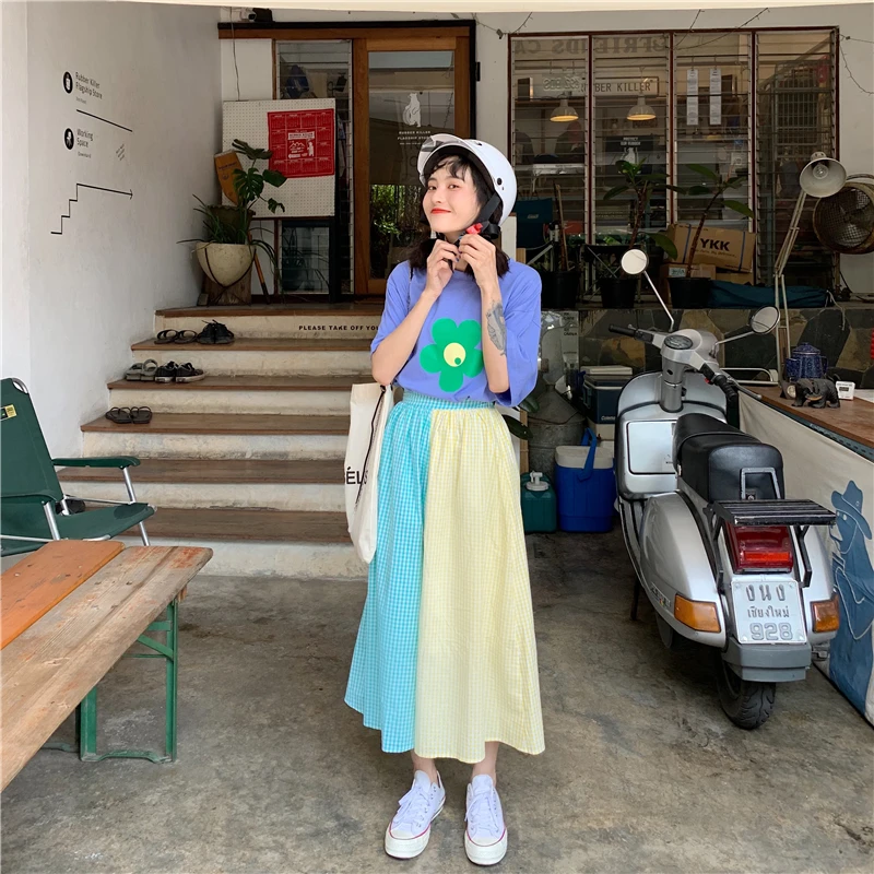 Высокая талия лоскутное блок контрастный карамельный цвет полосатый Boho Kawaii милая Лолита Mori девушка Корейская длинная юбка миди Маргаритка/Топ/рубашка