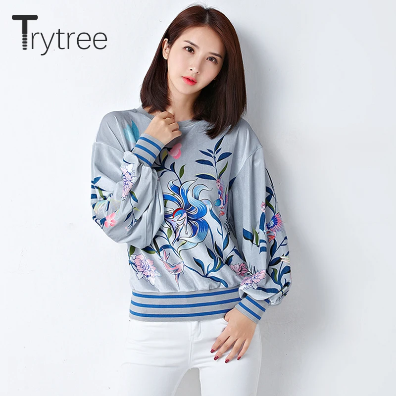 Женская футболка Trytree осенняя Повседневная с цветочным принтом и круглым вырезом