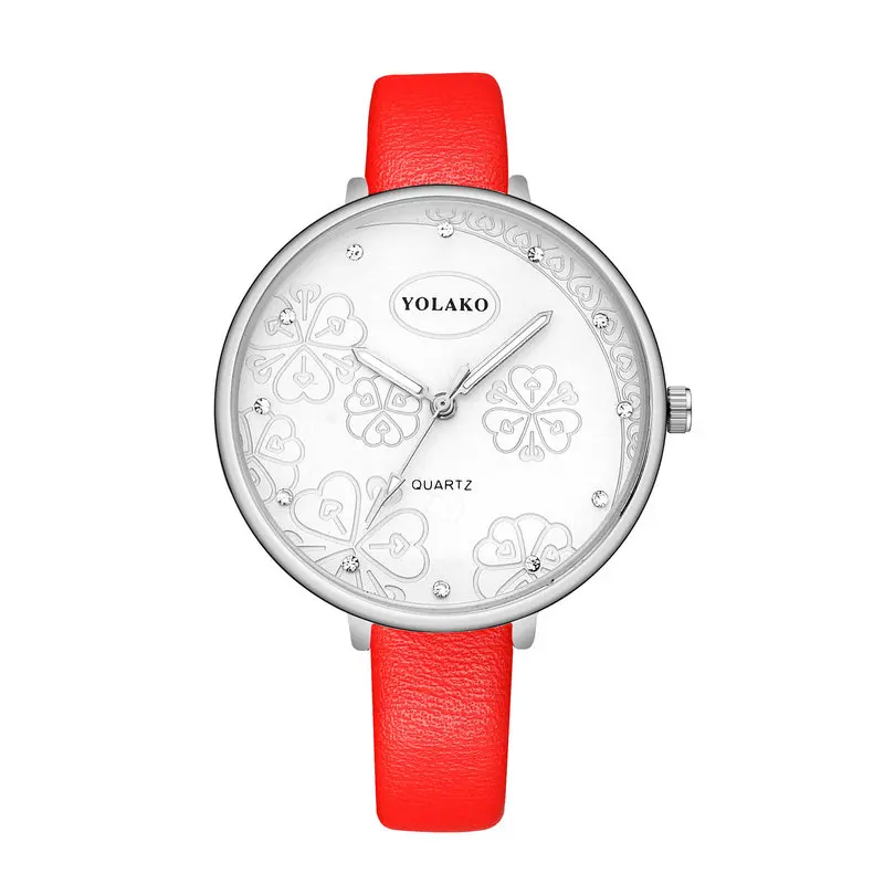 Women Flower Pattern Wristwatches Silver Dial Luxury Leather Rhinestone Quartz Watches Clock Clover Heart ZC Diamond YOLAKO Hour | Наручные