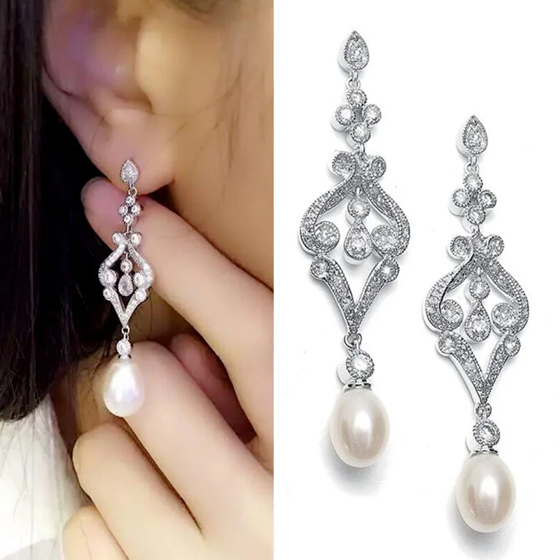 SLBRIDAL, винтажные серьги с фианитами, кристаллами слоновой кости, жемчугом, класса ААА, модные серьги с кубическим цирконием, свадебные висячие серьги с жемчугом, свадебные серьги