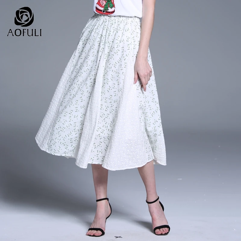 AOFULI S ~ XXXL 4XL Плюс Размер трапециевидная летняя юбка миди 2019 до середины икры с