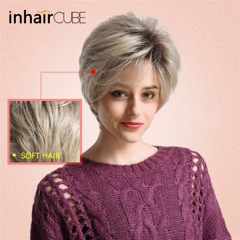 INHAIR кубик синтетический парик короткие прямые волосы пушистые Косплей смешанный цвет серый парики для женщин