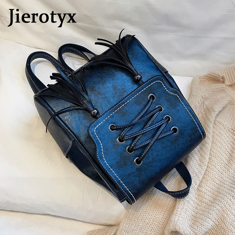 Модный женский рюкзак JIEROTYX черный кожаный с кисточками школьный для девочек