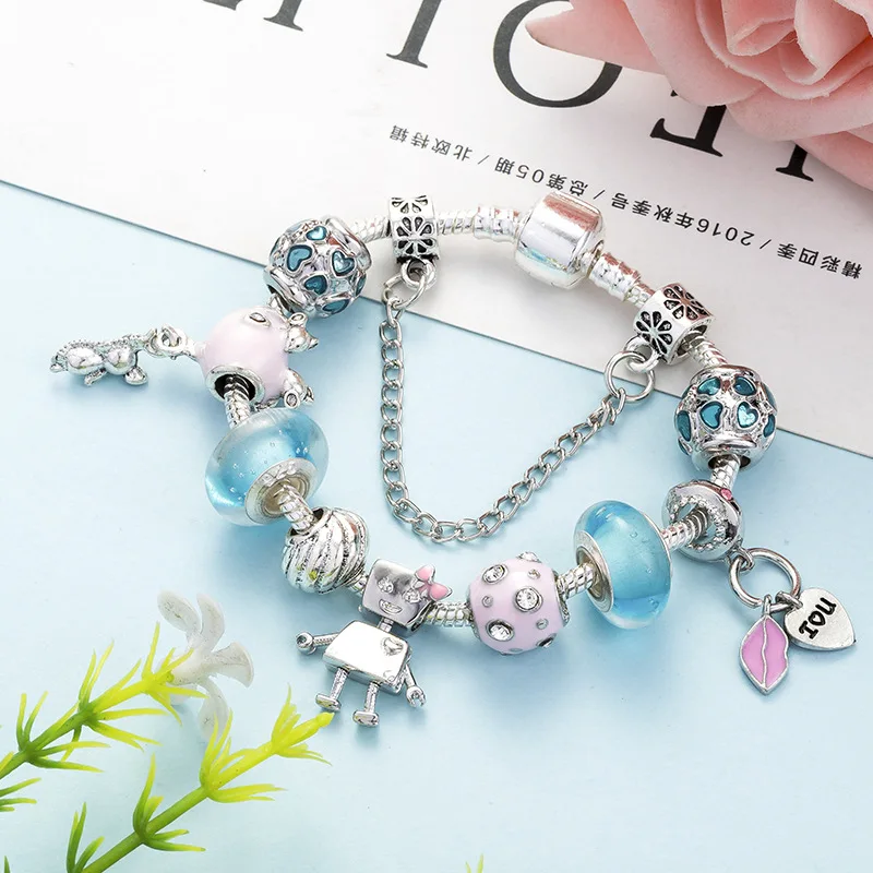 Kawaii bella bot robot pink heart beads оригинальные браслеты с сердечками очаровательные модные
