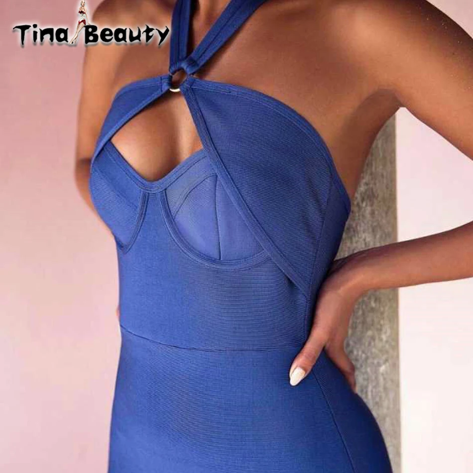 2018 лето синий женское платье без рукавов с лямкой через шею красный Бандажное