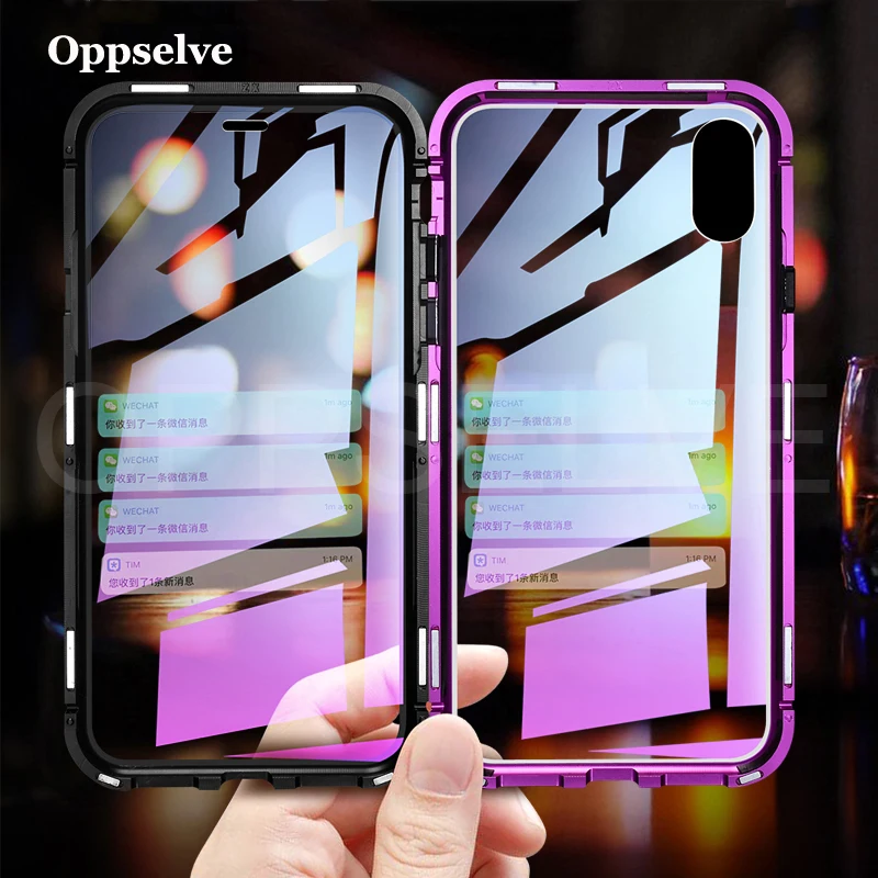 

Oppselve Magnetic Phone Case For iPhone XR XS MAX X 8 7 6 6S Plus 8Plus Double Sided Glass Metal 360 Protection Magnet Capinhas