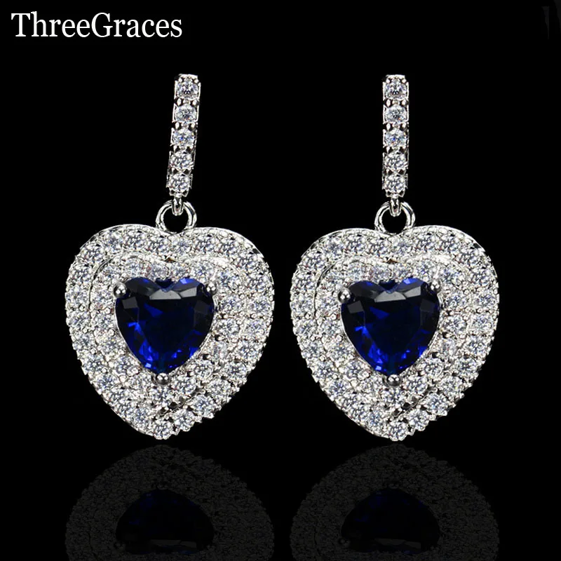 royal blue ThreeGraces, идеальная 925 пробы, серебро, CZ камень, проложенный фиолетовым кристаллом, большое сердце, висячие серьги для Святого Валентина, ювелирное изделие, подарок ER303 - Окраска металла: royal blue